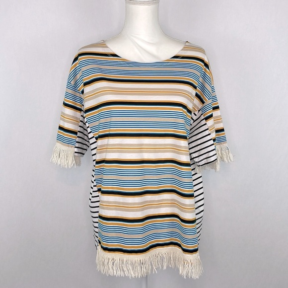 Zara Striped Fringe Short Sleeve T-Shirt. Size Large. - Picture 2 of 12